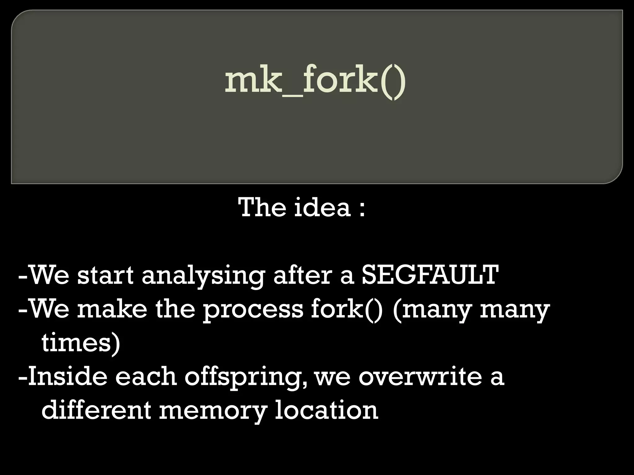mk_fork() The idea : -We start analysing after a SEGFAULT -We make the process fork() (many many times) -Inside each offspring, we overwrite a different memory location 