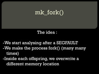 mk_fork() The idea : -We start analysing after a SEGFAULT -We make the process fork() (many many times) -Inside each offspring, we overwrite a different memory location 