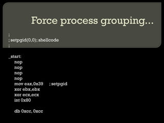 Force process grouping... ; ; setpgid(0,0); shellcode ; _start: nop nop nop nop mov eax,0x39 ; setpgid xor ebx,ebx xor ecx,ecx int 0x80 db 0xcc, 0xcc 