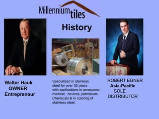History
Walter Hauk
OWNER
Entrepreneur
Specialized in stainless
steel for over 35 years
with applications in aerospace,
medical, devices, petroleum-
Chemicals & in coloring of
stainless steel.
ROBERT EGNER
Asia-Pacific
SOLE
DISTRIBUTOR
 