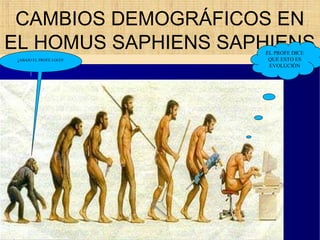 CAMBIOS DEMOGRÁFICOS EN
EL HOMUS SAPHIENS SAPHIENSEL PROFE DICE
QUE ESTO ES
EVOLUCIÓN
¡ABAJO EL PROFE LOCO!
 