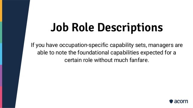 Job Role Descriptions
If you have occupation-specific capability sets, managers are
able to note the foundational capabilities expected for a
certain role without much fanfare.
 