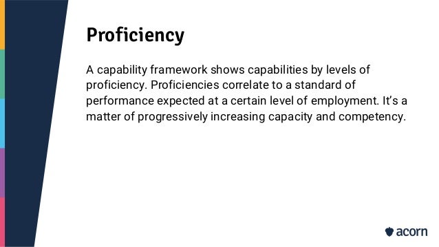 Proficiency
A capability framework shows capabilities by levels of
proficiency. Proficiencies correlate to a standard of
performance expected at a certain level of employment. It’s a
matter of progressively increasing capacity and competency.
 