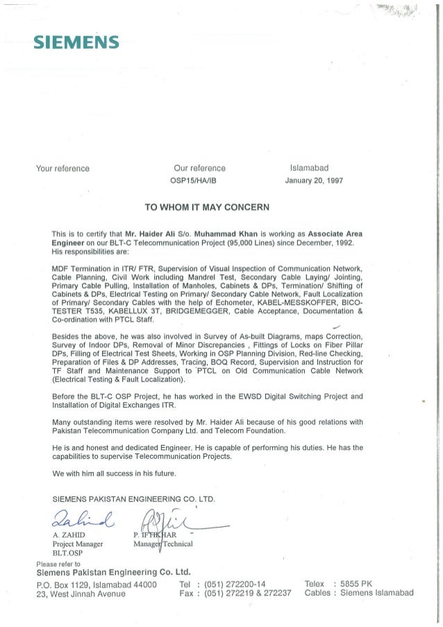 electrical letter experience of engineer SIEMENS Certificate Experience