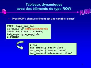 12
Tableaux dynamiques
avec des éléments de type ROW
• Type ROW : chaque élément est une variable ‘struct’
TYPE type_emp_tab
IS TABLE OF employe%ROWTYPE
INDEX BY BINARY_INTEGER;
tab_emps type_emp_tab;
i NUMBER;
i:=1;
tab_emps(i).idE:= 100;
tab_emps(i).nom:= 'toto';
tab_emps(i).adresse:= 'tlse';
 