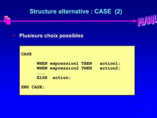 17
Structure alternative : CASE (2)
• Plusieurs choix possibles
CASE
WHEN expression1 THEN action1;
WHEN expression2 THEN action2;
………
ELSE action;
END CASE;
 