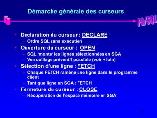 23
Démarche générale des curseurs
• Déclaration du curseur : DECLARE
– Ordre SQL sans exécution
• Ouverture du curseur : OPEN
– SQL ‘monte‘ les lignes sélectionnées en SGA
– Verrouillage préventif possible (voir + loin)
• Sélection d’une ligne : FETCH
– Chaque FETCH ramène une ligne dans le programme
client
– Tant que ligne en SGA : FETCH
• Fermeture du curseur : CLOSE
– Récupération de l’espace mémoire en SGA
 