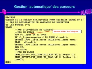 27
Gestion ‘automatique’ des curseurs
DECLARE
CURSOR c1 IS SELECT nom,moyenne FROM etudiant ORDER BY 1;
-- PAS DE DECLARATION DE VARIABLE DE RECEPTION
e1 ,e2 NUMBER :=0;
BEGIN
--PAS D’OUVERTURE DE CURSEUR
--PAS DE FETCH
FOR c1_ligne IN c1 LOOP
IF c1_ligne.moyenne < 10 THEN e1:=e1+1;
INSERT INTO liste_refus VALUES(c1_ligne.nom);
ELSE e2:=e2+1;
INSERT INTO liste_recus VALUES(c1_ligne.nom);
END IF;
END LOOP;
--PAS DE CLOSE
DBMS_OUTPUT.PUT_LINE(TO_CHAR(e2)||'Reçus ');
DBMS_OUTPUT.PUT_LINE(TO_CHAR(e1)||'Collés ');
COMMIT;
END;
Variable STRUCT de réception
 