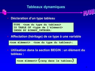8
Tableaux dynamiques
• Déclaration d’un type tableau
• Affectation (héritage) de ce type à une variable
• Utilisation dans la section BEGIN : un élément du
tableau :
<nom élément> <nom du type du tableau>;
TYPE <nom du type du tableau>
IS TABLE OF <type de l’élément>
INDEX BY BINARY_INTEGER;
<nom élément>(rang dans le tableau)
 
