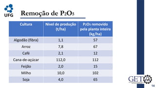 14
Remoção de P2O5
Cultura Nível de produção
(t/ha)
P2O5 removido
pela planta inteira
(kg/ha)
Algodão (fibra) 1,1 57
Arroz 7,8 67
Café 2,1 12
Cana-de-açúcar 112,0 112
Feijão 2,0 15
Milho 10,0 102
Soja 4,0 65
 