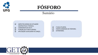 FÓSFORO
Sumário
 ASPECTOS GERAIS DA SITUAÇÃO
GEOPOLÍTICA E TÉCNICA;
 CARATERISTICAS DO P;
 FUNÇÃO DO P NAS PLANTAS;
 APLICAÇÃO LOCALIZADA VS LANÇO;
 P-SOLO-PLANTA;
 FONTES MINERAIS DE FÓSFORO;
 EXTRATORES.
 
