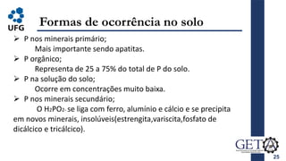 25
Formas de ocorrência no solo
 P nos minerais primário;
Mais importante sendo apatitas.
 P orgânico;
Representa de 25 a 75% do total de P do solo.
 P na solução do solo;
Ocorre em concentrações muito baixa.
 P nos minerais secundário;
O H2PO2- se liga com ferro, alumínio e cálcio e se precipita
em novos minerais, insolúveis(estrengita,variscita,fosfato de
dicálcico e tricálcico).
 