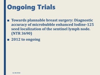 Ongoing Trials
■ Towards plannable breast surgery: Diagnostic
accuracy of microbubble enhanced Iodine-125
seed localization of the sentinel lymph node.
(NTR 3690)
■ 2012 to ongoing
12/28/2018
 