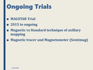 Ongoing Trials
■ MAGSTAR Trial
■ 2015 to ongoing
■ Magnetic vs Standard technique of axillary
mapping
■ Magnetic tracer and Magnetometer (Sentimag)
12/28/2018
 