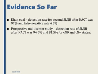 Evidence So Far
■ Khan et al – detection rate for second SLNB after NACT was
97% and false negative rate 4.5%
■ Prospective multicenter study – detection rate of SLNB
after NACT was 94.6% and 81.5% for cN0 and cN+ status.
12/28/2018
 