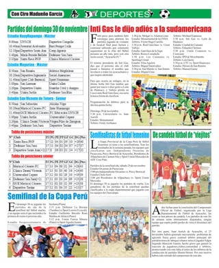 Con Ciro Madueño García 
Inti Gas le dijo adiós Partidos del domingo 30 de noviembre a la sudamericana 
altó poco, pero también faltó 
estrategia para plantear los 
partidos jugando de visitante Fy de local,al final pasó factura y 
continuar sabiendo que solamente 
seguiremos en la élite del fútbol 
peruano un año más, pero con otra 
razón social, “Ayacucho FC”. 
El mismo presidente de Inti Gas, 
dijo que el próximo año el club 
pasará a llamarse el nombre que 
involucre a todos los ayacuchanos y 
que inspire identidad. 
Para que ocurra un milagro, en la 
última fecha Inti Gas tendría que 
ganar por nueve o diez goles a León 
de Huánuco, y Vallejo pierda en 
Cusco ante Real Garcilaso; esa sería 
la única forma de clasificar. 
Programación de árbitros para la 
décima quinta fecha: 
Domingo 30 de noviembre 
3:30 p.m. Universitario vs. Juan 
Aurich 
Estadio: Monumental 
Árbitro: Fredy Arellanos 
3:30 p.m. Melgar vs. Alianza Lima 
Estadio: Monumental de la UNSA 
Árbitro: Víctor Hugo Carrillo 
3:30 p.m. Real Garcilaso vs. César 
Vallejo 
Estadio: Garcilaso de la Vega 
Árbitro: Renzo Castañeda 
3:30 p.m. Los Caimanes vs. 
Sporting Cristal 
Estadio: Elías Aguirre 
Árbitro: Miguel Santiváñez 
3:30 p.m. San Martín vs. San Simón 
Estadio: Miguel Grau 
Árbitro: Michael Espinoza 
3:30 p.m. Inti Gas vs. León de 
Huánuco 
Estadio: Ciudad de Cumaná 
Árbitro: Eduardo Chirinos 
3:30 p.m. Unión Comercio vs. 
Cienciano 
Estadio: IPD de Moyobamba 
Árbitro: Luis Garay 
3:30 p.m. UTC vs. Sport Huancayo 
Estadio: Héroes de San Ramón 
Árbitro: Manuel Garay 
Estadio Huayllapampa - Máster 
Estadio Muyurina - Máster 
Estadio San Vicente de Totora - Sénior 
Tabla de posiciones máster 
Tabla de posiciones sénior 
Semifinalistas de fútbol femenino 
a Etapa Provincial de la Copa Perú de fútbol 
femenino ya tiene a las semifinalistas. Tras los 
resultados de la semana pasada, los equipos que Lclasificaron son: Independiente Orcasitas de 
Pacaycasa, Percy Berrocal de Ayacucho, Residentes de 
Allpachaca de Carmen Alto y Sport Unión Mercedes de 
ADC Cruz Pata. 
Partidos de la semifinal ida, sábado 29 de noviembre 
Estadio Orcasitas de Pacaycasa 
3:00 pm Independiente Orcasitas vs. Percy Berrocal 
Estadio Cholo Sotil 
3:00 pm Residentes de Allpachaca vs. Sport Unión 
Mercedes 
El domingo 30 se jugarán los partidos de vuelta. Los 
ganadores de los partidos de la semifinal quedan 
clasificados a la etapa departamental que jugarán con 
los equipos de Churcampa. Semifinal de la Copa Perú 
l domingo 30 se jugarán los Sechura (Piura) 
partidos de ida de la 3:15 p.m. Defensor La Bocana 
semifinal del fútbol macho, (Tumbes) vs Sport Loreto (Ucayali) Ey un equipo será el que ascienda a la Estadio Guillermo Briceño Rosa 
primera división el próximo año. Medina de Juliaca (Puno) 
3:15 p.m. Unión Fuerza Minera 
Estadio Sesquicentenario de (Puno) vs Sport Águila (Junín) 
De candela fútbol de “viejitos” 
dos fechas para la conclusión del Campeonato 
Oficial de Fútbol, organizado por la Liga 
Departamental de Fútbol de Ayacucho, las Acosas se han puesto de candela. Los partidos de este fin 
de semana serán intensamente disputados, ningún 
equipo que aspire podrá perder de vista el desenlace del 
partido. 
Por otra parte, Juan Aurich de Ayacucho, el 23 
noviembre habría generado nuevamente problemas de 
agresión física grave contrael árbitro principal del 
partido(rotura de tabique) elautor sería el jugador Edgar 
Segundo Masciotti Gamio, hecho grave que generó la 
reacción de jugadores,clubes,comunidad y árbitros, 
promoviendo con esta falta el retiro de los árbitros de la 
conducción de partidos Master/Sénior. Por este motivo 
habría sido retirado del campeonato de este año. 
