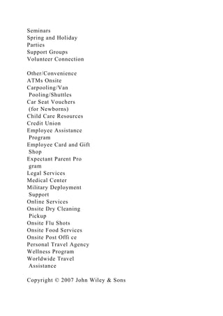 Seminars
Spring and Holiday
Parties
Support Groups
Volunteer Connection
Other/Convenience
ATMs Onsite
Carpooling/Van
Pooling/Shuttles
Car Seat Vouchers
(for Newborns)
Child Care Resources
Credit Union
Employee Assistance
Program
Employee Card and Gift
Shop
Expectant Parent Pro
gram
Legal Services
Medical Center
Military Deployment
Support
Online Services
Onsite Dry Cleaning
Pickup
Onsite Flu Shots
Onsite Food Services
Onsite Post Offi ce
Personal Travel Agency
Wellness Program
Worldwide Travel
Assistance
Copyright © 2007 John Wiley & Sons
 