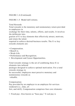 FIGURE 1.4 (Continued)
FIGURE 1.5 Model defi nitions.
Total Rewards
Total rewards is the monetary and nonmonetary return provided
to employees in
exchange for their time, talents, efforts, and results. It involves
the deliberate inte-
gration of fi ve key elements that effectively attract, motivate,
and retain the talent
required to achieve desired business results. The fi ve key
rewards elements are:
• Compensation.
• Benefi ts.
• Work-Life.
• Performance and Recognition.
• Development and Career Opportunities.
Total rewards strategy is the art of combining these fi ve
elements into tailored
packages designed to achieve optimal motivation. For a total
rewards strategy to
be successful, employees must perceive monetary and
nonmonetary rewards as
valuable.
Compensation
Pay provided by an employer to an employee for services
rendered (i.e., time, ef-
fort, and skill). Compensation comprises four core elements:
• Fixed pay: Also known as “base pay,” fi xed pay is
 