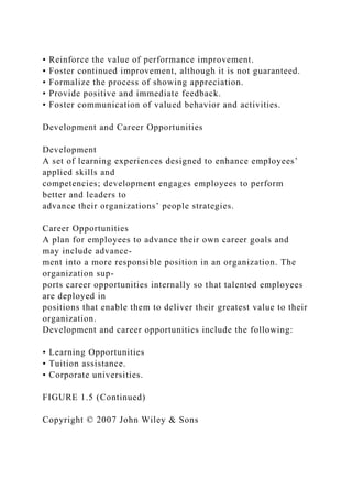 • Reinforce the value of performance improvement.
• Foster continued improvement, although it is not guaranteed.
• Formalize the process of showing appreciation.
• Provide positive and immediate feedback.
• Foster communication of valued behavior and activities.
Development and Career Opportunities
Development
A set of learning experiences designed to enhance employees’
applied skills and
competencies; development engages employees to perform
better and leaders to
advance their organizations’ people strategies.
Career Opportunities
A plan for employees to advance their own career goals and
may include advance-
ment into a more responsible position in an organization. The
organization sup-
ports career opportunities internally so that talented employees
are deployed in
positions that enable them to deliver their greatest value to their
organization.
Development and career opportunities include the following:
• Learning Opportunities
• Tuition assistance.
• Corporate universities.
FIGURE 1.5 (Continued)
Copyright © 2007 John Wiley & Sons
 
