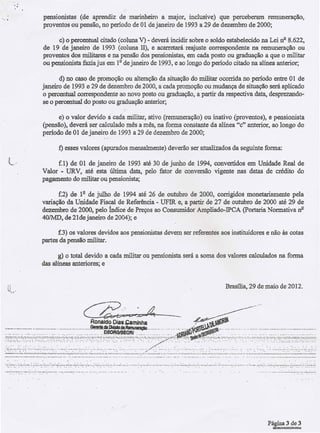 pensionistas (de aprendiz de marinheiro a major, inclusive) que perceberam remuneração,
                                                    proventos ou pensão, no período de 01 de janeiro de 1993 a 29 de dezembro de 2000;

                                                          c) o percentual citado (coluna V) - deverá incidir sobre o soldo estabelecido na Lei n2 8.622,
                                                    de 19 de janeiro de 1993 (coluna ll), e acarretará reajuste correspondente na remuneração ou
                                                    proventos dos militares e na pensão dos pensionistas, em cada posto ou graduação a que o militar
                                                    ou pensionista fazia jus em 1º de janeiro de 1993, e ao longo do período citado na alínea anterior;

                                                           d) no caso de promoção ou alteração da situação do militar ocorrida no período entre 01 de
                                                    janeiro de 1993 e 29 de dezembro de 2000, a cada promoção ou mudança de situação será aplicado
                                                    o percentual correspondente ao novo posto ou gradUação, a partir da respectiva data, desprezando-
                                                    se o percentual do posto ou graduação anterior;

                                                                                                                                                  a
                                                          e) o valor devido cada militar, ativo (remuneração) ou inativo (proventos), e pensionista
                                                    (pensão), deverá ser calculado mês a mês, na forma constante da alínea "c" anterior, ao longo do
                                                    período de O1 de janeiro de 1993 a 29 de dezembro de 2000;
                                                                                                                                       .;0'   ~




                                                                       f) esses valores (apurados mensalmente) deverão ser atualizados da seguinte forma:

     t·                                                  f.l) de 01 de janeiro de 1993 até 30 de junho de 1994, convertidos em Unidade Real de
                                                    Valor - URV, até esta última data, pelo fator de conversão vigente nas datas de crédito do
                                                    pagamento do militar ou pensionista;

                                                          f.2) de 1º de julho de 1994 até 26 de outubro de 2000, corrigidos monetariamente pela
                                                    variação da Unidade Fiscal de Referência - UFIR e, a partir de 27 de outubro de 2000 até 29 de
                                                    dezembro de 2000, pelo 4tdice· de Preços ao Consumidor Ampliado-IPCA (portaria Normativa rr?-
                                                    40/MD, de 21de janeiro de 2004); e

                                                           f.3) os valores devidos aos pensionistas devem ser referentes aos instituidores e não às cotas
                                                    partes da pensão militar.

                                                           g) o total devido a cada militar ou pensionista será a soma dos valores calculados na forma
                                                    das alíneas anteriores; e




                                                                                                         cz?~o=,~-_o
                                                                                                                   Ronaldo DlasJ;;aminha                                                                                                                      ~~
                                                                                                                                                                                                                                                                                            ..-.--------..- ..
                                                                                                                                                                                                                                                                                             -

';;;';;;::;:;~:-:"~:0":;:~'-:::,::~~4~:':~;,;,~~~;",:"~
--:.,,:-.,    .•. :_;,:"      •.....   _•. , .. :   ,............               ..   ~_" __ '.~:":"               .;._     .•..   , ...••..•..•.•             _,     •...........               :;,..._      :    'o .. ,..               .              ,            :.::       :' ..•......•        _
..•.. .:...•.•, ••.." •...'.,l.-..,_,tl .•.'--_·":.;__·'.:...Il·~·.·_·.. .•·.Mn_· ..•..
   _••.•.                                                                          .
                                                                                         ·:.,:<·.·.;.·   ••·; •. ,., ••: .•••...•••, ••.•. ~. ' ••  ·.1.·.. ·••.·.:.:.: ....·,:. ,." ...".:.'.:.': " ''''' ...''.'_', ..... , " ..••..  ,',......• ._;.; '':'" :    -•...,... " ..•...... ,., ..• :., •..,
                                                                                                                                                                                                                                                                                          .




                                                                                                                                                                                                                                                                                                                 Página 3 de3
                                                                                                                                                                                                                                                                                                                  SllOlWDEORIJ/OIREp,f
 
