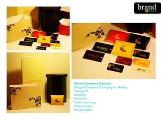 Moksha Company Colaterals
Designed Company Packaging for Moksha,
•Sewing Kit
•Soap Kit
•Travel Kit
•Take away bags
•Tissue Holders
•Card Holders
 