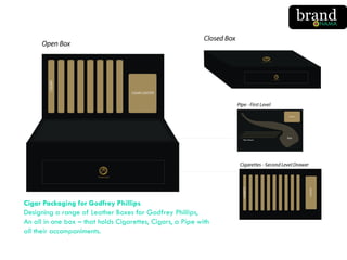 Cigar Packaging for Godfrey Phillips
Designing a range of Leather Boxes for Godfrey Phillips,
An all in one box – that holds Cigarettes, Cigars, a Pipe with
all their accompaniments.
 