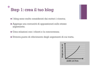 +
Step 1: crea il tuo blog
!  I blog sono molto considerati dai motori i ricerca;
!  Aggrega una comunità di appassionati sullo stesso
argomento;
!  Crea relazioni con i clienti e la concorrenza;
!  Diventa punto di riferimento degli argomenti di cui tratta.
 