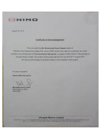 Hino Motors Certificate