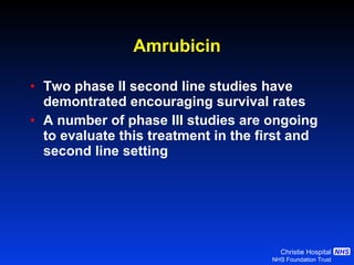 Amrubicin Two phase II second line studies have demontrated encouraging survival rates A number of phase III studies are ongoing to evaluate this treatment in the first and second line setting 