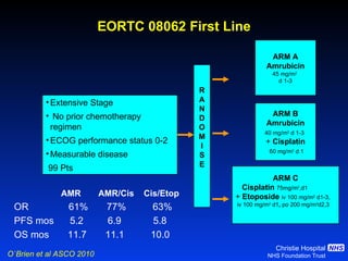 EORTC 08062 First Line Extensive Stage No prior chemotherapy regimen ECOG performance status 0-2 Measurable disease 99 Pts R A N D O M I S E O`Brien et al ASCO 2010   AMR   AMR/Cis  Cis/Etop OR  61%  77%  63% PFS mos  5.2   6.9  5.8 OS mos  11.7  11.1  10.0 ARM A Amrubicin 45 mg/m 2   d 1-3 ARM B Amrubicin 40 mg/m 2  d 1-3   +  Cisplatin 60 mg/m 2  d 1 ARM C Cisplatin  75mg/m 2 ,d1 +  Etoposide   iv 100   mg/m 2   d1-3, iv 100   mg/m 2   d1 ,  po 200   mg/m 2 d2,3 