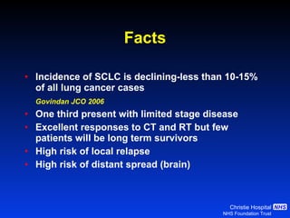 Facts Incidence of SCLC is declining-less than 10-15% of all lung cancer cases  Govindan JCO 2006   One third present with limited stage disease Excellent responses to CT and RT but few patients will be long term survivors High risk of local relapse High risk of distant spread (brain) 