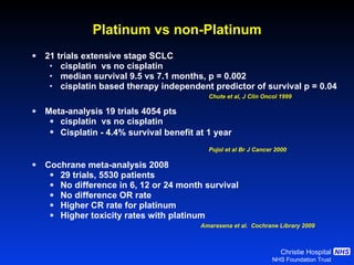 Platinum vs non-Platinum 21 trials extensive stage SCLC cisplatin  vs no cisplatin median survival 9.5 vs 7.1 months, p = 0.002 cisplatin based therapy independent predictor of survival p = 0.04 Chute et al, J Clin Oncol 1999 Meta-analysis 19 trials 4054 pts cisplatin  vs no cisplatin Cisplatin - 4.4% survival benefit at 1 year   Pujol et al Br J Cancer 2000 Cochrane meta-analysis 2008 29 trials, 5530 patients No difference in 6, 12 or 24 month survival No difference OR rate Higher CR rate for platinum Higher toxicity rates with platinum Amarasena et al.  Cochrane Library 2009 