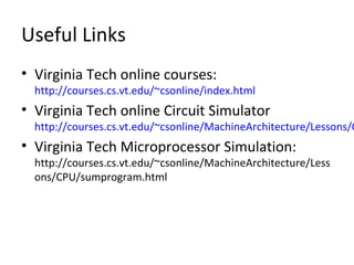 Useful Links
• Virginia Tech online courses:
http://courses.cs.vt.edu/~csonline/index.html
• Virginia Tech online Circuit Simulator
http://courses.cs.vt.edu/~csonline/MachineArchitecture/Lessons/C
• Virginia Tech Microprocessor Simulation:
http://courses.cs.vt.edu/~csonline/MachineArchitecture/Less
ons/CPU/sumprogram.html
 