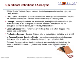 13QSMXXX 01072014 © 2014 The National Graduate School of Quality Management
13
Operational Definitions / Acronyms
 QVR – Quality Variance Report contains detailed damage data based on customer
credit requests.
 Lead Time – The elapsed time from time of order entry by the Independence CSR and
the production of finished units that arrive to the customer receiving dock.
 Damage – Although customers are more lenient, the depth of an indentation or tear
that is at least a .5” for corrugated sheets with no scores and at least .75” for
corrugated sheets with scores, as decided by Independence.
 Loading Process Time – time when product is picked up to when dropped off at
staged area and/or trailer.
 Pre-loading Damage – damage detected prior to product being picked up by a fork lift
 In-Process Damage Detection Monitor – A monitor documenting product damage
discovered prior to trailer being closed and moving from the loading dock.
 Scores – Dimensionally set line impressions in a corrugated sheet that allows the
sheet to bend without it cracking when being formed into a finished customer’s
product.
D M A I C
 