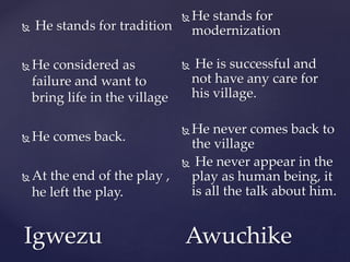 Igwezu Awuchike
 He stands for tradition
 He considered as
failure and want to
bring life in the village
 He comes back.
 At the end of the play ,
he left the play.
 He stands for
modernization
 He is successful and
not have any care for
his village.
 He never comes back to
the village
 He never appear in the
play as human being, it
is all the talk about him.
 