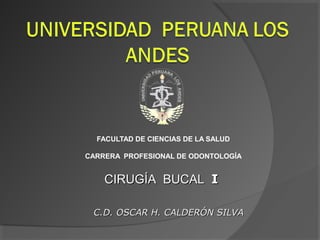 FACULTAD DE CIENCIAS DE LA SALUD
CARRERA PROFESIONAL DE ODONTOLOGÍA

CIRUGÍA BUCAL I
C.D. OSCAR H. CALDERÓN SILVA

 