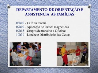 08h00 - Café da manhã
09h00 - Aplicação de Passes magnéticos
09h15 - Grupos de trabalho e Oficinas
10h30 - Lanche e Distribuição das Cestas
 