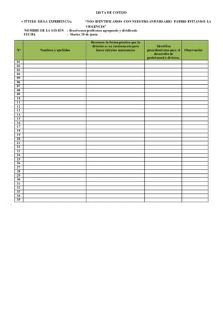 LISTA DE COTEJO
 TÍTULO DE LA EXPERIENCIA: “NOS IDENTIFICAMOS CON NUESTRO ANIVERSARIO PATRIO EVITANDO LA
VIOLENCIA”
NOMBRE DE LA SESIÓN : Resolvemos problemas agrupando y dividiendo
FECHA : Martes 28 de junio
N° Nombres y apellidos
Reconoce la forma practica que la
división es un instrumento para
hacer cálculos mateamicos
Identifica
procedimientos para el
desarrollo de
probelmasd e division.
Observación
01
02
03
04
05
06
07
08
09
10
11
12
13
14
15
16
17
18
19
20
21
22
23
24
25
26
27
28
29
30
31
32
33
34
35
.
 