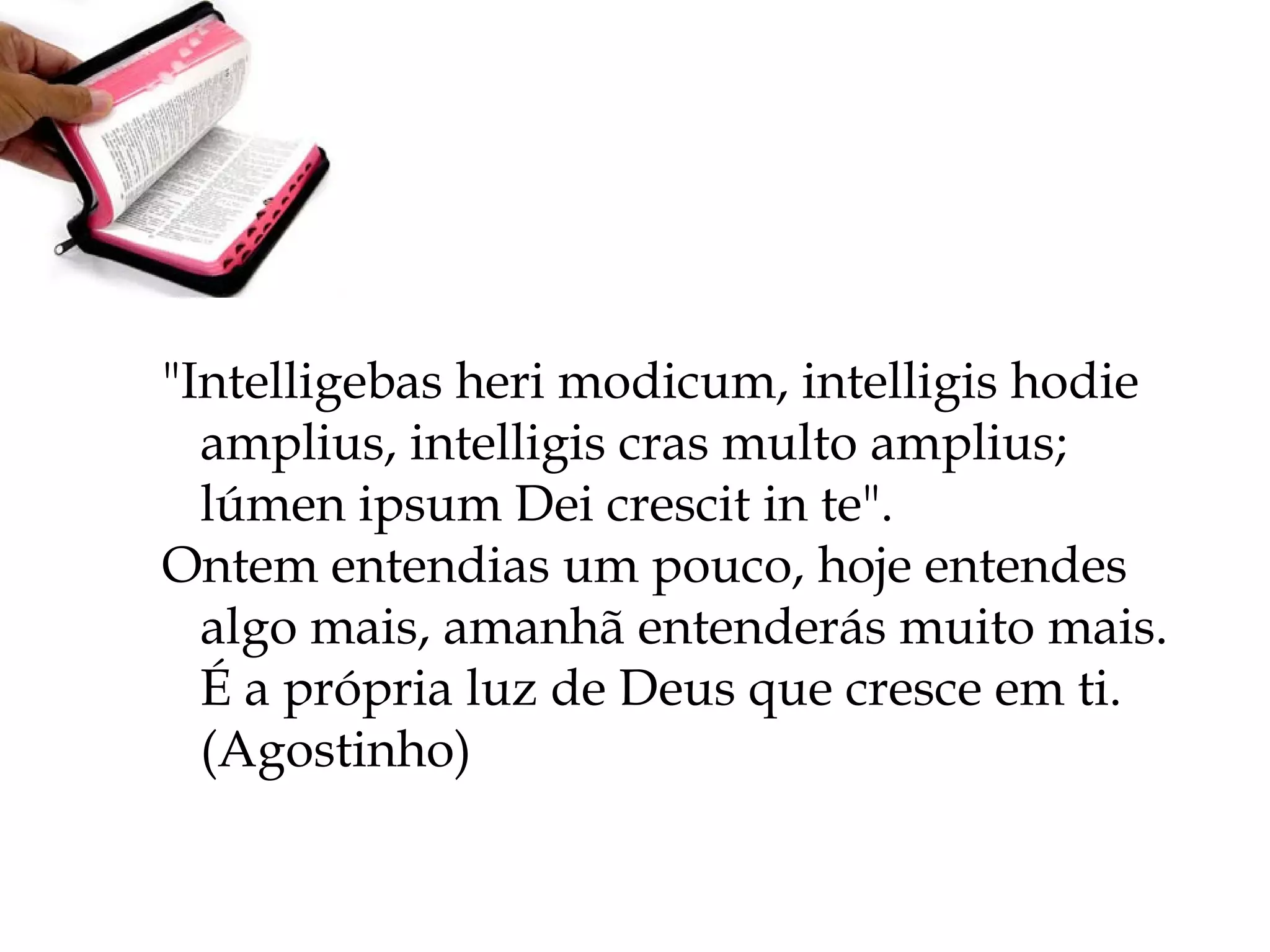 "Intelligebas heri modicum, intelligis hodie
amplius, intelligis cras multo amplius;
lúmen ipsum Dei crescit in te".
Ontem entendias um pouco, hoje entendes
algo mais, amanhã entenderás muito mais.
É a própria luz de Deus que cresce em ti.
(Agostinho)
 