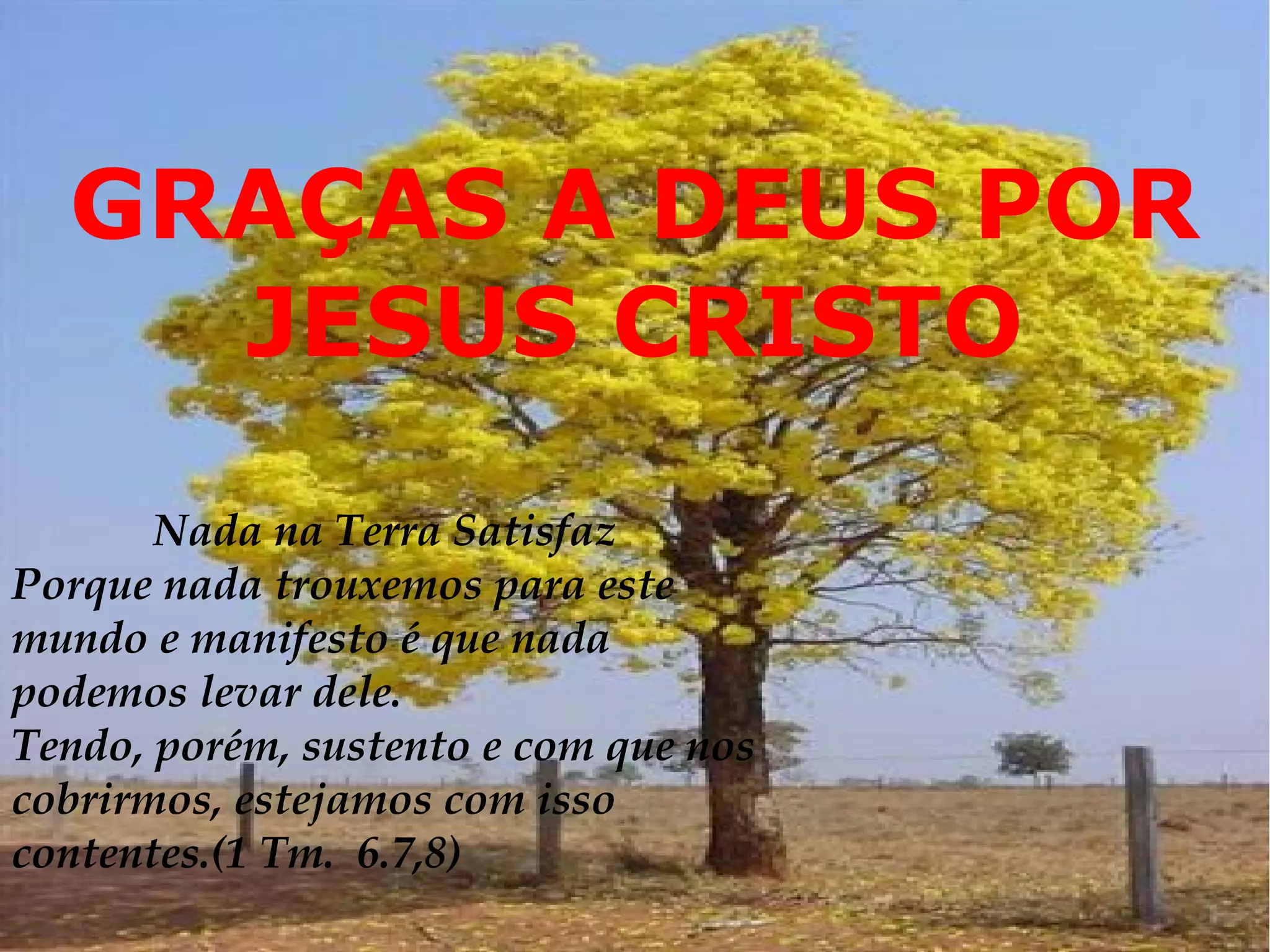 GRAÇAS A DEUS POR
JESUS CRISTO
Nada na Terra Satisfaz
Porque nada trouxemos para este
mundo e manifesto é que nada
podemos levar dele.
Tendo, porém, sustento e com que nos
cobrirmos, estejamos com isso
contentes.(1 Tm. 6.7,8)
 