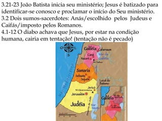 3.21-23 João Batista inicia seu ministério; Jesus é batizado para
identificar-se conosco e proclamar o início do Seu ministério.
3.2 Dois sumos-sacerdotes: Anás/escolhido pelos Judeus e
Caifás/imposto pelos Romanos.
4.1-12 O diabo achava que Jesus, por estar na condição
humana, cairia em tentação! (tentação não é pecado)
 