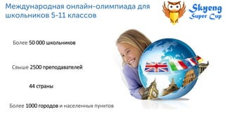 Более 50 000 школьников
44 страны
Свыше 2500 преподавателей
Более 1000 городов и населенных пунктов
 