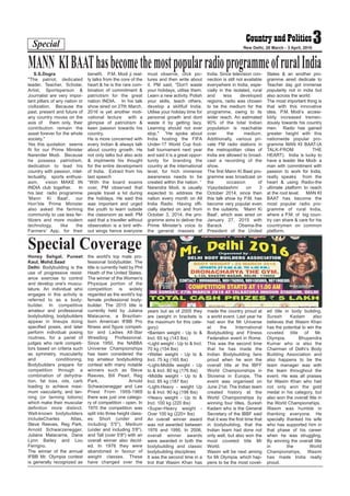 Special 3New Delhi, 28 March - 3 April, 2016
S.S.Dogra
"The patriot, dedicated
leader, Teacher, Scholar,
Artist, Sportsperson &
Journalist are very impor-
tant pillars of any nation or
civilization. Because the
past, present and future of
any country moves on the
axis of them only, their
contribution remain the
asset forever for the whole
society."
Yes this quotation seems
fit for our Prime Minister
Narender Modi. Because
he possess patriotism,
dedication to lead his
country with passion, intel-
lectuality, sports enthusi-
asm, vision MAKE IN
INDIA club together. In
his last radio programme
'Mann Ki Baat', our
Hon’ble Prime Minister
also asked the farming
community to use less fer-
tilizers and more modern
technology, like the
Farmers' App, for their
benefit. P.M. Modi ji real-
ly talks from the core of the
heart & he is the rare com-
bination of commitment &
patriotism for the great
nation INDIA. In his talk
show aired on 27th March,
2016 is yet another moti-
vational lecture with a
glimpse of patriotism &
keen passion towards his
country.
He is more concerned with
every Indian & always talk
about country growth. He
not only talks but also acts
& implments his thought
for the entire development
of India. Extract from his
last speech
“With the board exams
over, PM observed that
people travel a lot during
the holidays. He said this
was important and urged
the youth to learn outside
the classroom as well. PM
said that a traveller without
observation is a bird with-
out wings hence everyone
must observe, click pic-
tures and then write about
it. PM said, "Don't waste
your holidays, utilise them.
Learn a new activity. Polish
your skills, teach others,
develop a skillfull India.
Utilise your holiday time for
personal growth and dont
waste it by getting lazy.
Learning should not ever
stop." “He spoke about
India hosting the FIFA
Under-17 World Cup foot-
ball tournament next year
and said it is a great oppor-
tunity for branding the
country at the international
level, for hich immense
awareness needs to be
created within the nation. “
Narendra Modi, is usually
expected to address the
nation every month on All
India Radio. Having offi-
cially started on and from
October 3, 2014, the pro-
gramme aims to deliver the
Prime Minister's voice to
the general masses of
India. Since television con-
nection is still not available
everywhere in India, espe-
cially in the isolated, rural
and less developed
regions, radio was chosen
to be the medium for the
programme, owing to its
wider reach. An estimated
90% of the total Indian
population is reachable
over the medium.
Additionally, various pri-
vate FM radio stations in
the metropolitan cities of
India are allowed to broad-
cast a recording of the
show.
The first Mann Ki Baat pro-
gramme was broadcast on
the occasion of
Vijaydadashmi on 3
October 2014, since then
this talk show by P.M. has
become very popular even
in the outskirts. 'Mann Ki
Baat', which was aired on
January 27, 2015 with
Barack Obama-the
President of the United
States & an another pro-
gramme aired dedicate to
Teacher day got immense
popularity not in india but
also across the world.
The most important thing is
that with this innovative
idea, P.M. Modi’s accesi-
bility increased tremen-
dously towards his country
men. Radio has gained
greater height with this
nationwide popular pro-
gramme MAN KI BAAT-(A
TALK-FROM THE
HEART). India is lucky to
have a leader like Modi- a
man with commitment with
passion to work for India,
really speaks from the
heart & using Radio-the
ultimate platform to reach
at the root level. MAN KI
BAAT has become the
most popular radio pro-
gramme of rural India,
where a P.M. of big coun-
try can share & care for his
countrymen on common
platform.
MANN KIBAAThasbecomethemostpopularradioprogrammeofruralIndia
Honey Sehgal, Puneet
Kaul, Mohd.Saad
Delhi: Bodybuilding is the
use of progressive resist-
ance exercise to control
and develop one's muscu-
lature. An individual who
engages in this activity is
referred to as a body-
builder. In competitive
amateur and professional
bodybuilding, bodybuilders
appear in lineups doing
specified poses, and later
perform individual posing
routines, for a panel of
judges who rank competi-
tors based on criteria such
as symmetry, muscularity
and conditioning.
Bodybuilders prepare for
competition through a
combination of dehydra-
tion, fat loss, oils, carb
loading to achieve maxi-
mum vascularity, and tan-
ning (or tanning lotions)
which make their muscular
definition more distinct.
Well-known bodybuilders
includeCharles Atlas,
Steve Reeves, Reg Park,
Arnold Schwarzenegger,
Juliana Malacarne, Dana
Lynn Bailey and Lou
Ferrigno.
The winner of the annual
IFBB Mr. Olympia contest
is generally recognized as
the world's top male pro-
fessional bodybuilder. The
title is currently held by Phil
Heath of the United States.
The winner of the Women's
Physique portion of the
competition is widely
regarded as the world's top
female professional body-
builder. The 2015 title is
currently held by Juliana
Malacarne, a Brazilian-
born American IFBB Pro
fitness and figure competi-
tor and Ladies All-Star
Wrestling Professional.
Since 1950, the NABBA
Universe Championships
has been considered the
top amateur bodybuilding
contest with many notable
winners such as Steve
Reeves, Bill Pearl, Reg
Park, Arnold
Schwarzenegger and Lee
Priest From 1959-1969
there was just one catego-
ry of competition - open. In
1970 the competition was
split into three height class-
es: Short (under and
including 5'5"), Medium
(under and including 5'8"),
and Tall (over 5'8") with an
overall winner also decid-
ed. In 1976 they were
abandoned in favour of
weight classes. These
have changed over the
years but as of 2005 they
are (weight in brackets is
the maximum for this cate-
gory):
•Bantam weight - Up to &
Incl. 65 kg (143 lbs)
•Light weight - Up to & Incl.
70 kg (154 lbs)
•Welter weight - Up to &
Incl. 75 kg (165 lbs)
•Light-Middle weight - Up
to & Incl. 80 kg (176 lbs)
•Middle weight - Up to &
Incl. 85 kg (187 lbs)
•Light-Heavy - weight Up
to & Incl. 90 kg (198 lbs)
•Heavy weight - Up to &
Incl. 100 kg (220 lbs)
•Super-Heavy weight -
Over 100 kg (220+ lbs)
An overall winner award
was not awarded between
1976 and 1995. In 2006,
overall winner awards
were awarded in both the
bodybuilding and classic
bodybuilding disciplines
It was the second time in a
trot that Wasim Khan has
made the country proud at
a world event. Last year he
had won the Mr Universe
at the International
Bodybuilding and Fitness
Federation event in Rome.
This was the second time
that he has made the
Indian Bodybuilding fans
proud when he won the
overall title at the IBFF
World Championships in
Slovenia in Europe. The
event was organised on
June 21st. The Indian team
created history at the
World Championships by
winning four titles. Suresh
Kadam who is the General
Secretary of the IBBF said
that it was the first time that
in bodybuilding, that the
Indian team had done not
only well, but also won the
most coveted title Mr
World.
Wasim will be next aiming
for Mr Olympia, which hap-
pens to be the most covet-
ed title in body building.
Suresh Kadam also
believes that Wasim Khan
has the potential to win the
coveted title of Mr.
Olympia. Bhupendra
Kumar who is also the
Chairman of Delhi’s Body
Building Association and
also happens to be the
team manager was with
the team throughout the
event. He was all praises
for Wasim Khan who had
not only won the gold
medal in his category, but
also won the overall title in
the World Championships.
Wasim was humble in
thanking everyone. He
specially thanked his wife
who has supported him in
that phase of his career
when he was struggling.
By winning the overall title
in the World
Championships, Wasim
has made India really
proud.
Special Coverage
 