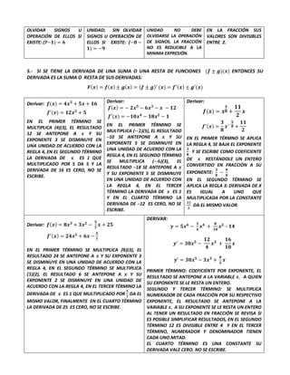 OLVIDAR SIGNOS U
OPERACIÓN DE ELLOS SI
EXISTE: (7−𝟏) = 𝟔
UNIDAD; SIN OLVIDAR
SIGNOS U OPERACIÓN DE
ELLOS SI EXISTE: (−𝟖 −
𝟏) = −𝟗
UNIDAD NO DEBE
OLVIDARSE LA OPERACIÓN
DE SIGNOS. LA FRACCIÓN
NO ES REDUCIBLE A LA
MINIMA EXPRESIÓN.
EN LA FRACCIÓN SUS
VALORES SON DIVISIBLES
ENTRE 2.
5.- SI SE TIENE LA DERIVADA DE UNA SUMA O UNA RESTA DE FUNCIONES (𝒇 ± 𝒈)(𝒙) ENTONCES SU
DERIVADA ES LA SUMA O RESTA DE SUS DERIVADAS:
𝑭(𝒙) = 𝒇(𝒙) ± 𝒈(𝒙) = (𝒇 ± 𝒈)′ (𝒙) = 𝒇′(𝒙) ± 𝒈′(𝒙)
Derivar: 𝒇(𝒙) = 𝟒𝒙𝟑
+ 𝟓𝒙 + 𝟏𝟔
𝒇′(𝒙) = 𝟏𝟐𝒙𝟐
+ 𝟓
EN EL PRIMER TÉRMINO SE
MULTIPLICA (4)(3), EL RESULTADO
12 SE ANTEPONE A 𝒙 Y SU
EXPONENTE 3 SE DISMINUYE EN
UNA UNIDAD DE ACUERDO CON LA
REGLA 4, EN EL SEGUNDO TÉRMINO
LA DERIVADA DE 𝒙 ES 1 QUE
MULTIPLICADO POR 5 DA 5 Y LA
DERIVADA DE 16 ES CERO, NO SE
ESCRIBE.
Derivar:
𝒇(𝒙) = − 𝟐𝒙𝟓
− 𝟔𝒙𝟑
− 𝒙 − 𝟏𝟐
𝒇′(𝒙) = −𝟏𝟎𝒙𝟒
− 𝟏𝟖𝒙𝟐
− 𝟏
EN EL PRIMER TÉRMINO SE
MULTIPLICA (−𝟐)(5), EL RESULTADO
─10 SE ANTEPONE A 𝒙 Y SU
EXPONENTE 5 SE DISMINUYE EN
UNA UNIDAD DE ACUERDO CON LA
REGLA 4, EN EL SEGUNDO TÉRMINO
SE MULTIPLICA (−𝟔)(3), EL
RESULTADO ─18 SE ANTEPONE A 𝒙
Y SU EXPONENTE 5 SE DISMINUYE
EN UNA UNIDAD DE ACUERDO CON
LA REGLA 4, EN EL TERCER
TÉRMINO LA DERIVADA DE 𝒙 ES 1
Y EN EL CUARTO TÉRMINO LA
DERIVADA DE ─12 ES CERO, NO SE
ESCRIBE.
Derivar:
𝒇(𝒙) = 𝒙
𝟑
𝟖 +
𝟏𝟏
𝟐
𝒙
𝒇′(𝒙) =
𝟑
𝟖
𝒙−
𝟓
𝟖 +
𝟏𝟏
𝟐
EN EL PRIMER TÉRMNO SE APLICA
LA REGLA 4, SE BAJA EL EXPONENTE
𝟑
𝟖
Y SE ESCRIBE COMO COEFICIENTE
DE 𝒙 RESTÁNDOLE UN ENTERO
CONVERTIDO EN FRACCIÓN A SU
EXPONENTE:
𝟑
𝟖
−
𝟖
𝟖
EN EL SEGUNDO TÉRMINO SE
APLICA LA REGLA 3: DERIVADA DE X
ES IGUAL A UNO QUE
MULTIPLICADA POR LA CONSTANTE
𝟏𝟏
𝟐
DA EL MISMO VALOR.
Derivar: 𝒇(𝒙) = 𝟖𝒙𝟑
+ 𝟑𝒙𝟐
−
𝟓
𝟕
𝒙 + 𝟐𝟓
𝒇′(𝒙) = 𝟐𝟒𝒙𝟐
+ 𝟔𝒙 −
𝟓
𝟕
EN EL PRIMER TÉRMINO SE MULTIPLICA (𝟖)(3), EL
RESULTADO 24 SE ANTEPONE A 𝒙 Y SU EXPONENTE 3
SE DISMINUYE EN UNA UNIDAD DE ACUERDO CON LA
REGLA 4, EN EL SEGUNDO TÉRMINO SE MULTIPLICA
(𝟑)(2), EL RESULTADO 6 SE ANTEPONE A 𝒙 Y SU
EXPONENTE 2 SE DISMINUYE EN UNA UNIDAD DE
ACUERDO CON LA REGLA 4, EN EL TERCER TÉRMINO LA
DERIVADA DE 𝒙 ES 1 QUE MULTIPLICADO POR
𝟓
𝟕
DA EL
MISMO VALOR, FINALMENTE EN EL CUARTO TÉRMINO
LA DERIVADA DE 25 ES CERO, NO SE ESCRIBE.
DERIVAR:
𝒚 = 𝟓𝒙𝟔
−
𝟑
𝟒
𝒙𝟒
+
𝟖
𝟏𝟎
𝒙𝟐
– 𝟏𝟒
𝒚′
= 𝟑𝟎𝒙𝟓
−
𝟏𝟐
𝟒
𝒙𝟑
+
𝟏𝟔
𝟏𝟎
𝒙
𝒚′
= 𝟑𝟎𝒙𝟓
− 𝟑𝒙𝟑
+
𝟖
𝟓
𝒙
PRIMER TÉRMINO: COEFICIENTE POR EXPONENTE, EL
RESULTADO SE ANTEPONE A LA VARIABLE 𝒙, A QUIEN
SU EXPONENTE SE LE RESTA UN ENTERO.
SEGUNDO Y TERCER TÉRMINO: SE MULTIPLICA
NUMERADOR DE CADA FRACCIÓN POR SU RESPECTIVO
EXPONENTE, EL RESULTADO SE ANTEPONE A LA
VARIABLE 𝒙, A SU EXPONENTE SE LE RESTA UN ENTERO
AL TENER UN RESULTADO EN FRACCIÓN SE REVISA SI
ES POSIBLE SIMPLIFICAR RESULTADOS, EN EL SEGUNDO
TÉRMINO 12 ES DIVISIBLE ENTRE 4 Y EN EL TERCER
TÉRMINO, NUMERADOR Y DENOMINADOR TIENEN
CADA UNO MITAD.
EL CUARTO TÉRMINO ES UNA CONSTANTE SU
DERIVADA VALE CERO. NO SE ESCRIBE.
 