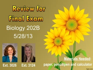 Ext. 3124Ext. 3026
Materials Needed:
paper, pencil/pen and calculator
Biology 202B
5/28/13
 
