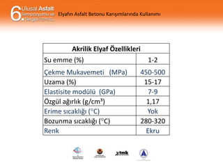 Elyafın Asfalt Betonu Karışımlarında Kullanımı

Akrilik Elyaf Özellikleri
Su emme (%)
1-2
Çekme Mukavemeti (MPa)
Uzama (%)
Elastisite modülü (GPa)
Özgül ağırlık (g/cm³)
Erime sıcaklığı (°C)
Bozunma sıcaklığı (°C)
Renk

450-500
15-17
7-9
1,17
Yok
280-320
Ekru

 
