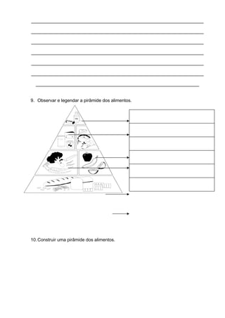 _________________________________________________________
_________________________________________________________
_________________________________________________________
_________________________________________________________
_________________________________________________________
_________________________________________________________
______________________________________________________
9. Observar e legendar a pirâmide dos alimentos.
10.Construir uma pirâmide dos alimentos.
 