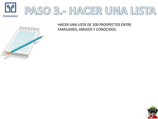 HACER UNA LISTA DE 100 PROSPECTOS ENTRE
FAMILIARES, AMIGOS Y CONOCIDOS.
 