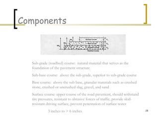 28
Components
Sub-grade (roadbed) course: natural material that serves as the
foundation of the pavement structure
Sub-base course: above the sub-grade, superior to sub-grade course
Base course: above the sub base, granular materials such as crushed
stone, crushed or uncrushed slag, gravel, and sand
Surface course: upper course of the road pavement, should withstand
tire pressures, resistant to abrasive forces of traffic, provide skid-
resistant driving surface, prevent penetration of surface water
3 inches to > 6 inches
 