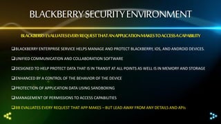 BLACKBERRY SECURITY ENVIRONMENT
BLACKBERRY EVALUATESEVERY REQUEST THAT AN APPLICATION MAKES TO ACCESS A CAPABILITY
BLACKBERRY ENTERPRISE SERVICE HELPS MANAGE AND PROTECT BLACKBERRY, IOS, AND ANDROID DEVICES.
UNIFIED COMMUNICATION AND COLLABORATION SOFTWARE
DESIGNED TO HELP PROTECT DATA THAT IS IN TRANSIT AT ALL POINTS AS WELL IS IN MEMORY AND STORAGE
ENHANCED BY A CONTROL OF THE BEHAVIOR OF THE DEVICE
PROTECTION OF APPLICATION DATA USING SANDBOXING

MANAGEMENT OF PERMISSIONS TO ACCESS CAPABILITIES
BB EVALUATES EVERY REQUEST THAT APP MAKES – BUT LEAD AWAY FROM ANY DETAILS AND APIs

 